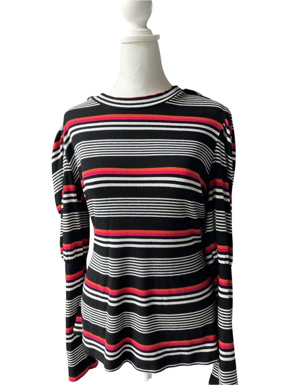 Vintage Inspired 70s Sugarlips Bold White Black Pink Orange Striped Shirt Sz XL